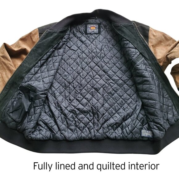 Route 66 Vintage Y2K 90s Suede Genuine Leather Varsity Bomber Jacket Black Tan L - Picture 7 of 16